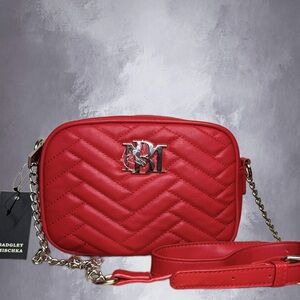 Badgley Mischka red quilted vegan leather camera crossbody bag, chain strap NWT